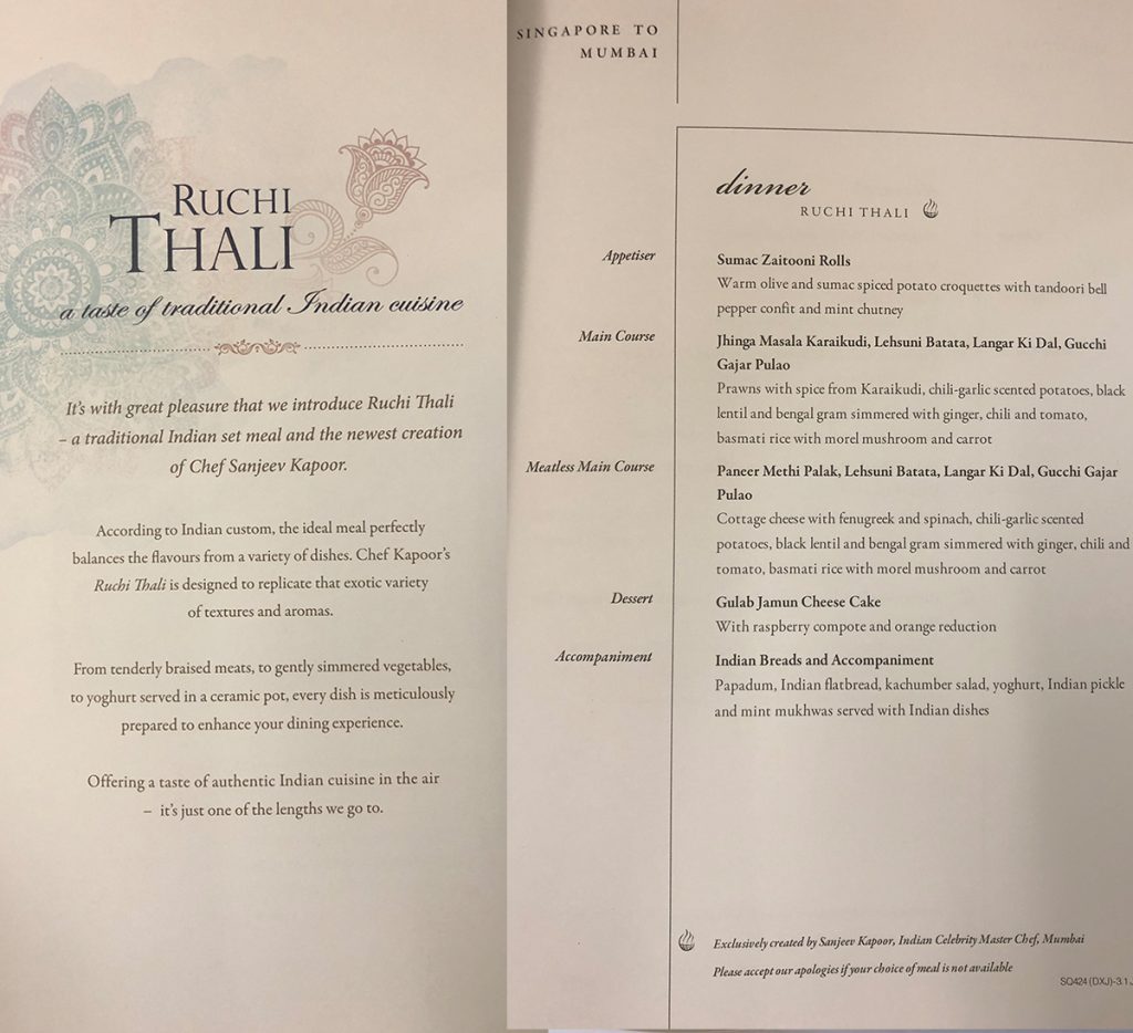 Singapore airlines a380 menu