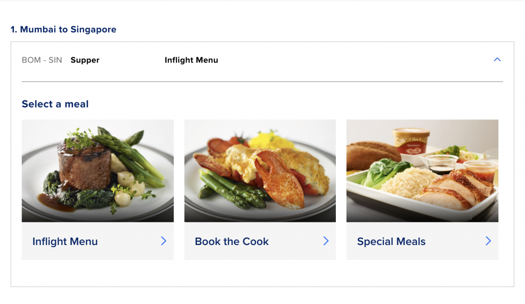 Singapore Airlines A330 Menu Selection