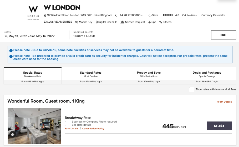 W London BreakAway Rate