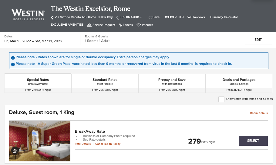 Westin Rome BreakAway Program